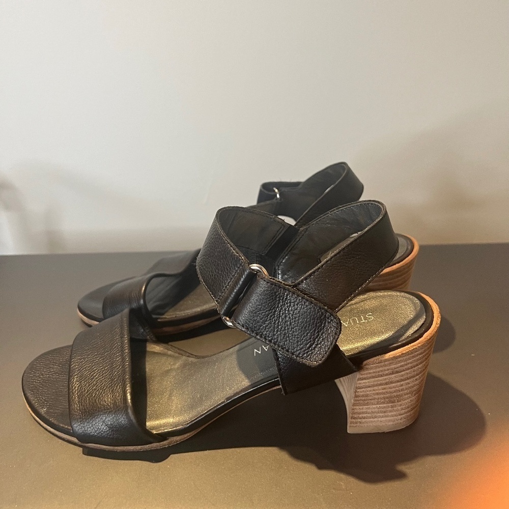 Stuart Weitzman Black Leather Broadband Heel Sandal Womens Size 9